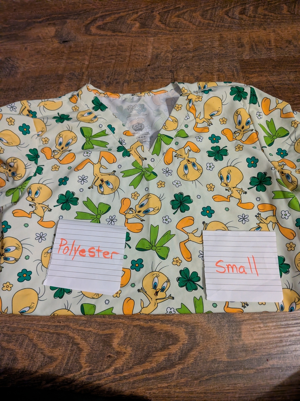 Tweety Bird Printed Scrub Top in Cream, Yellow & Green
